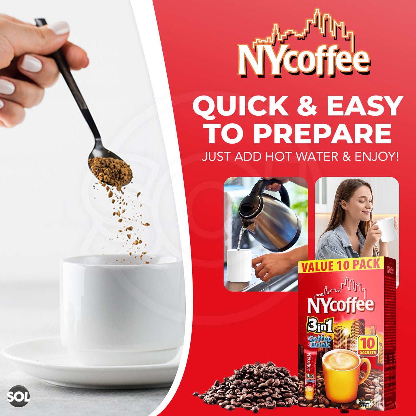 NY Coffee 3 in 1 Instant White with Sugar 100 Sachets Sticks (10x10pk)