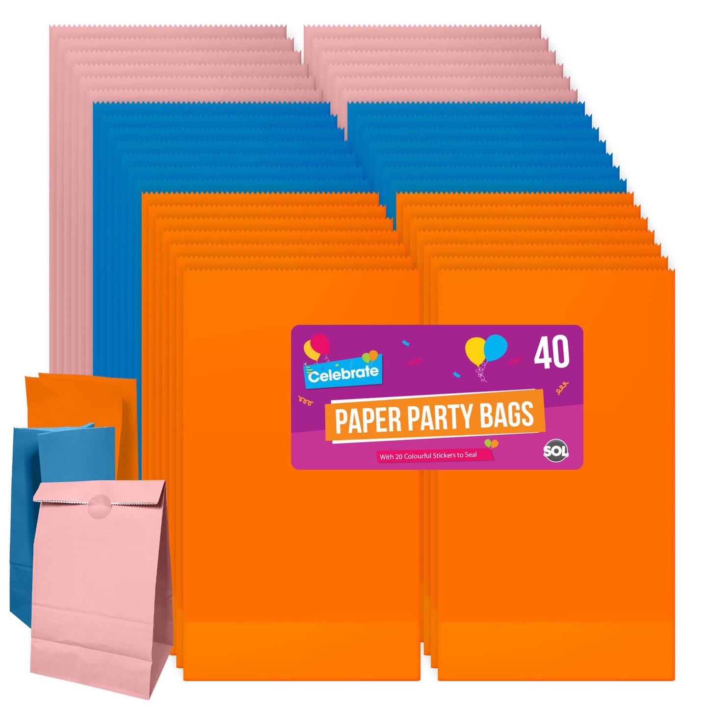 20-40 Paper Party Bags for Kids & Stickers Birthday Gift Loot Sweet Candy Treat