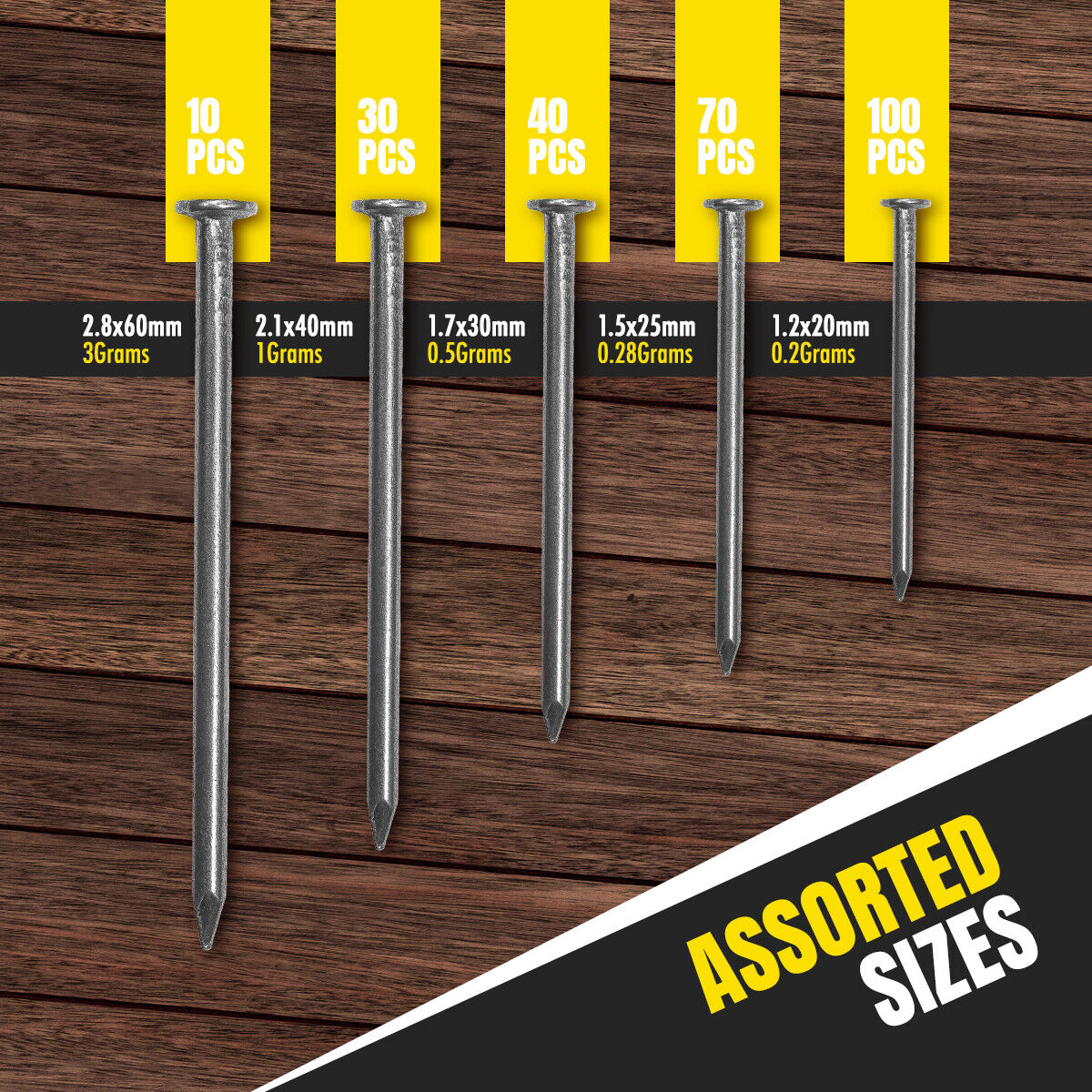 Flat Head Nails Assorted Carpentry Metal Pins | 250 Pack