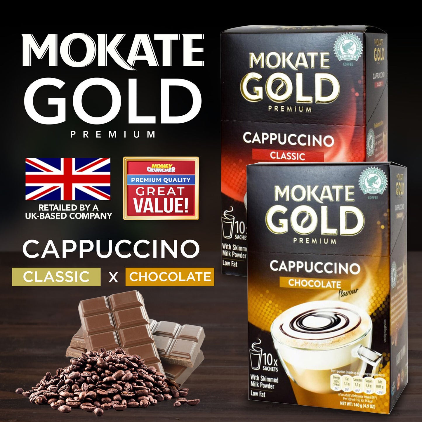 Mokate Gold Cappuccino Coffee Sachets | Classic & Chocolate Instant | 60 Pack