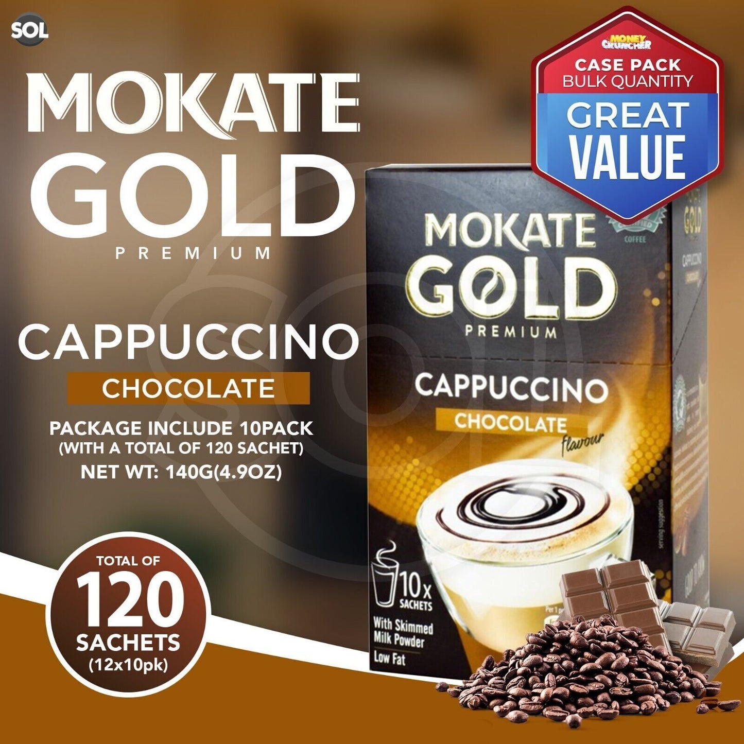 Mokate Gold Cappuccino Coffee Sachets | Classic & Chocolate Instant | 60 Pack