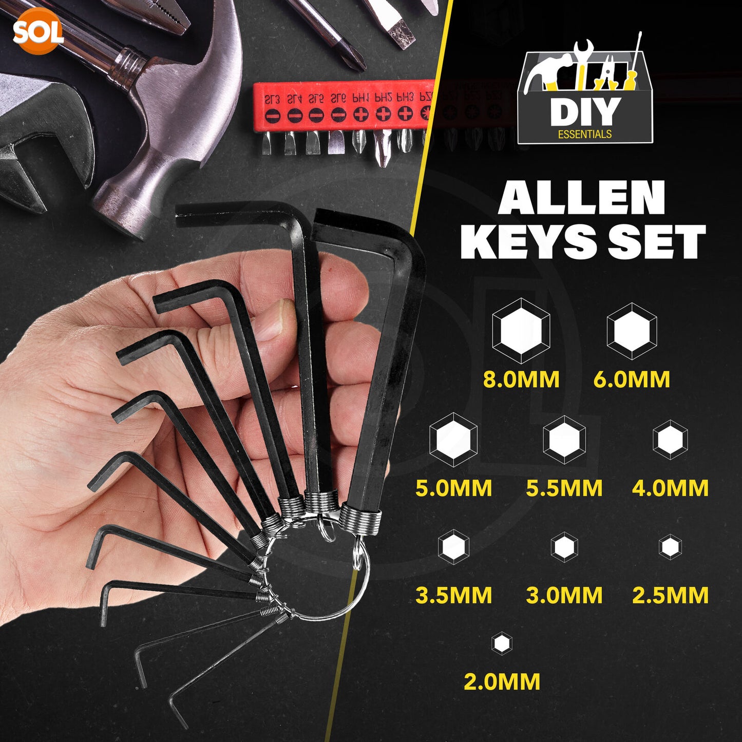 Hex Key Set Allen Wrenches 2-8mm with Keyring Holder | 9 Piece
