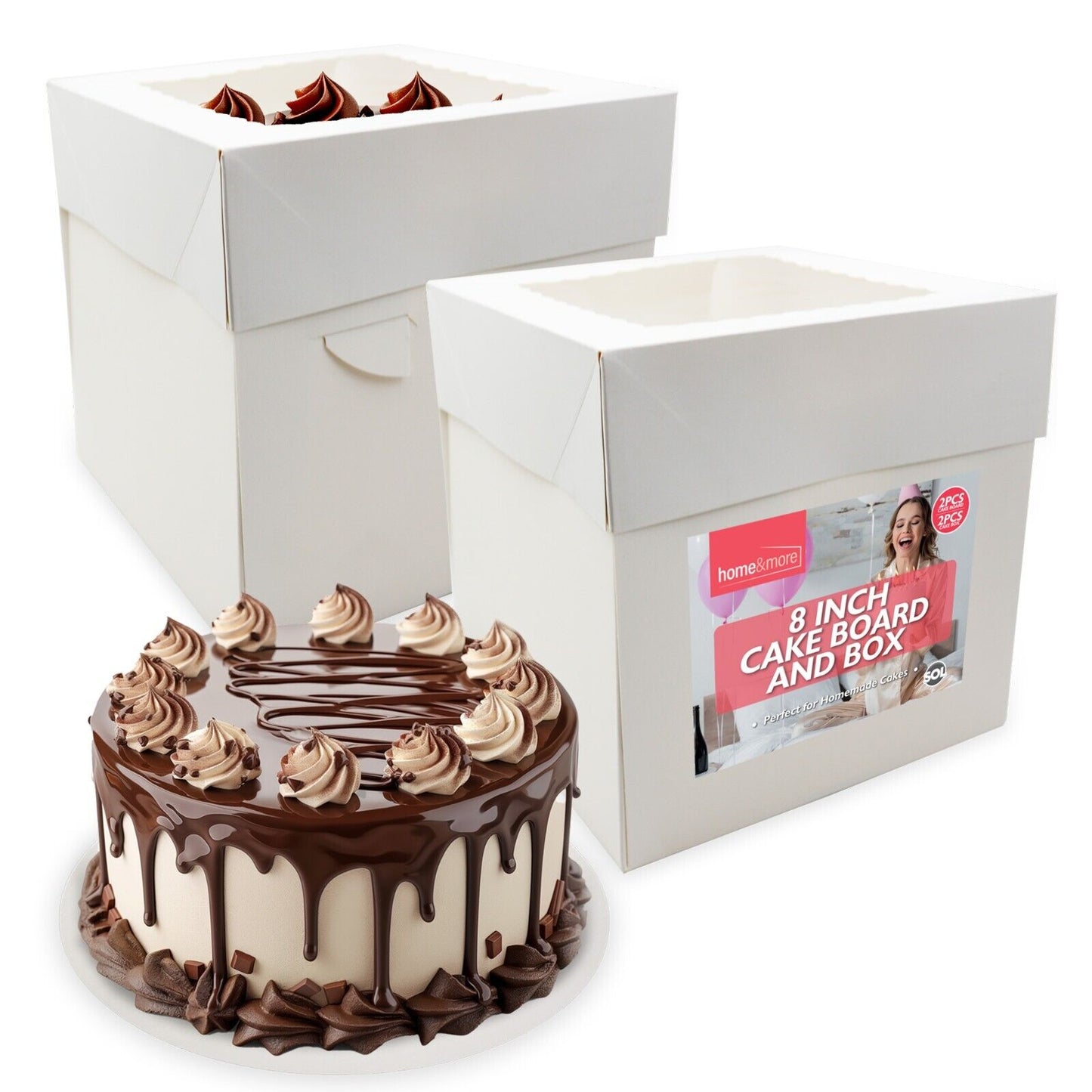 2-10PK 8 Inch Cake Board and Box with Lid Set | White Round 3mm Thick Boards