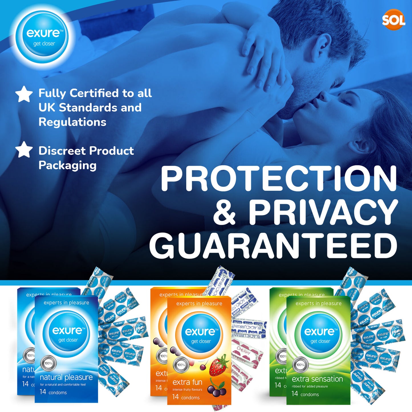 14-140pk Condoms Ribbed Natural Flavoured EXURE Safe Pleasure Discreet Packaging