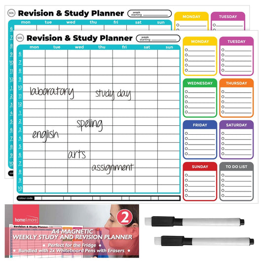 2pk Magnetic Study Planner Weekly Daily Hourly Revision Tracker + Dry Wipe Pens