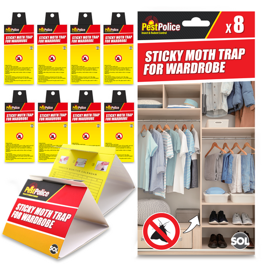 Packaging and product display of sticky moth traps branded by PestPolice, indicating the product is for use in wardrobes and it comes in a pack of eight.