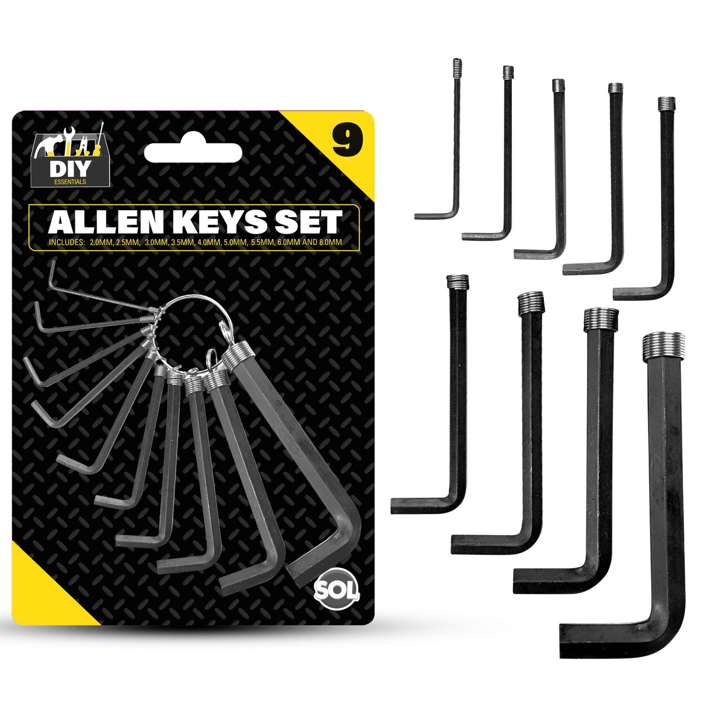 Hex Key Set Allen Wrenches 2-8mm with Keyring Holder | 9 Piece