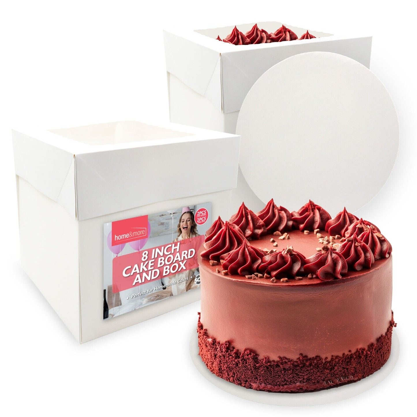 2-10PK 8 Inch Cake Board and Box with Lid Set | White Round 3mm Thick Boards