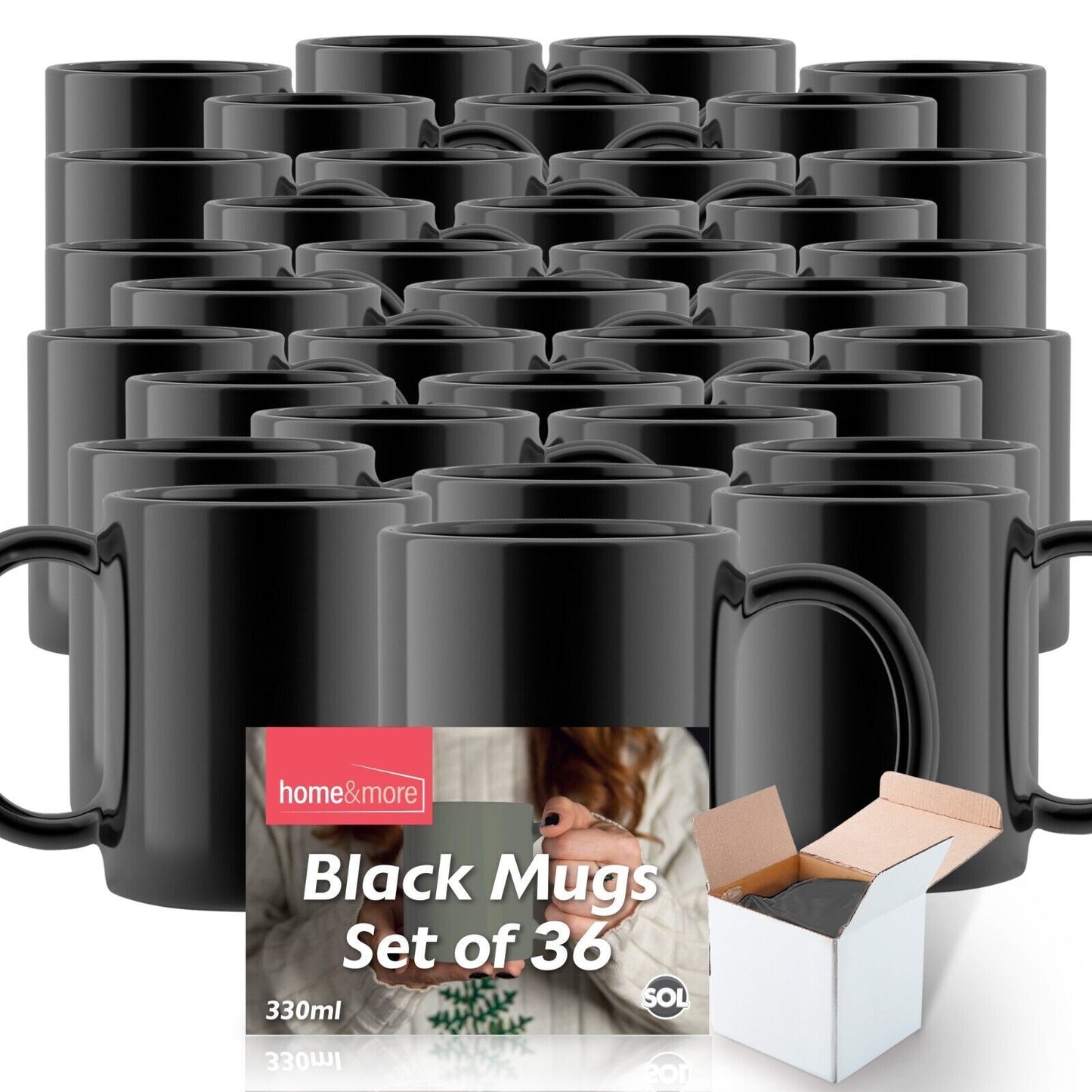 Plain Black Mugs 330ml | Large Coffee & Tea Cups | Bulk Set 12 Pack