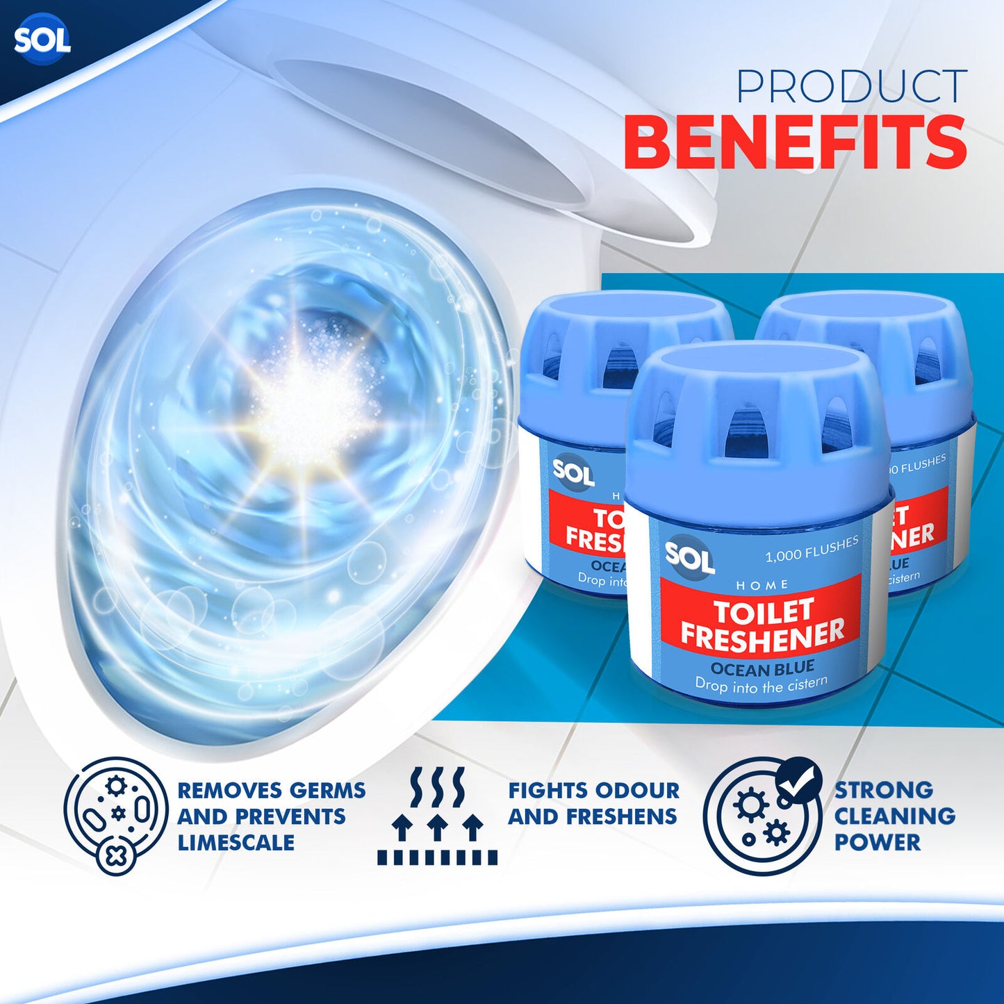 Toilet Bowl Freshener | Ocean Blue Cistern Block Cleaner | 3 Pack