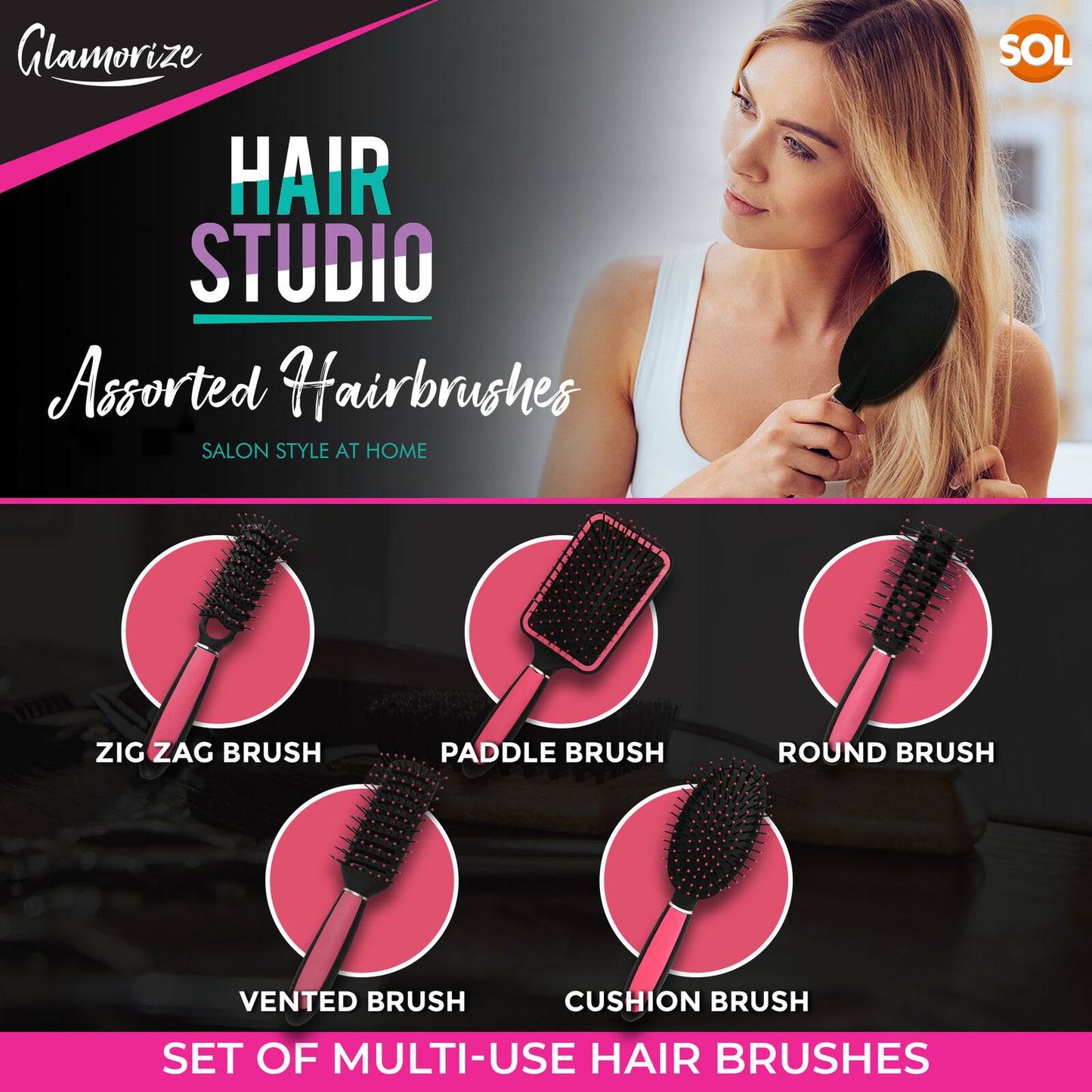 5pk Hair Brush Set for Women | Professional Pink Hairdressing Salon Styling Gift