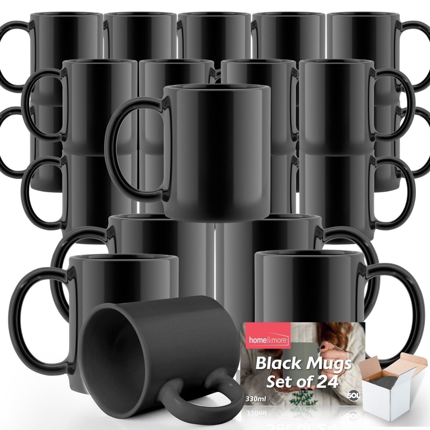 Plain Black Mugs 330ml | Large Coffee & Tea Cups | Bulk Set 12 Pack