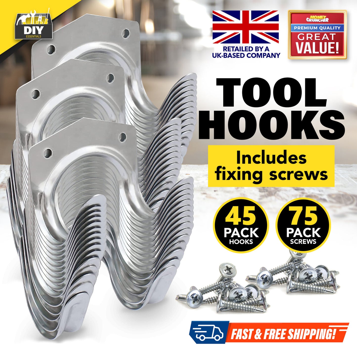 Tool Hooks & Screws | Garage Wall Bike Storage | 30 Pack