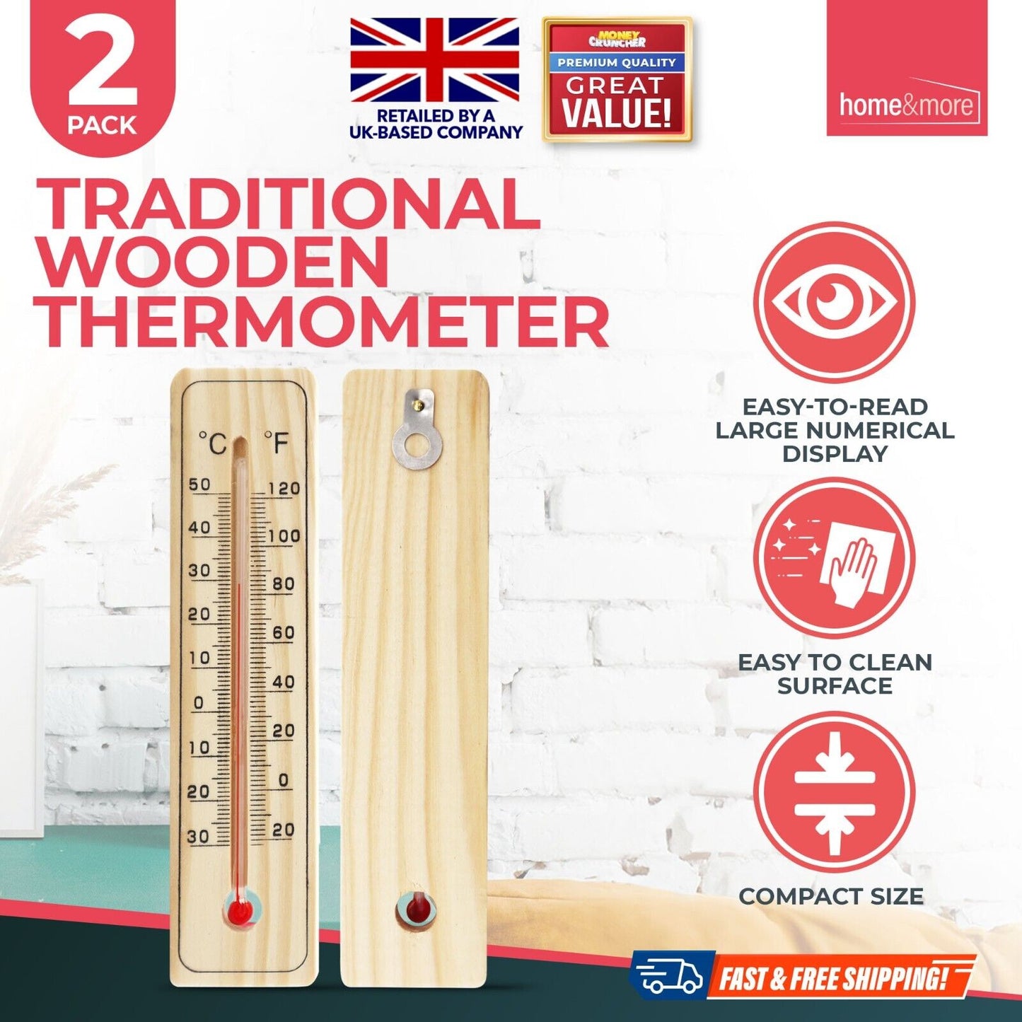 Wooden Wall Thermometer Indoor Outdoor Home Garden | 2 Pack