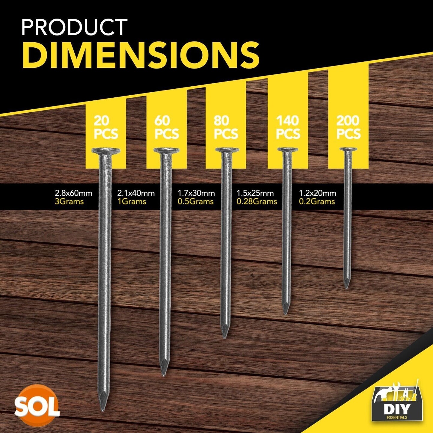 Flat Head Nails | Assorted Metal Carpentry Woodworking Pins | 500 Pack