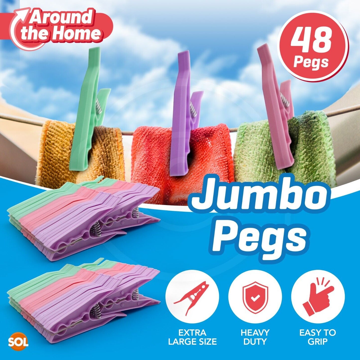 Jumbo Clothes Pegs Strong Plastic Washing Line Clips | 48 Pack