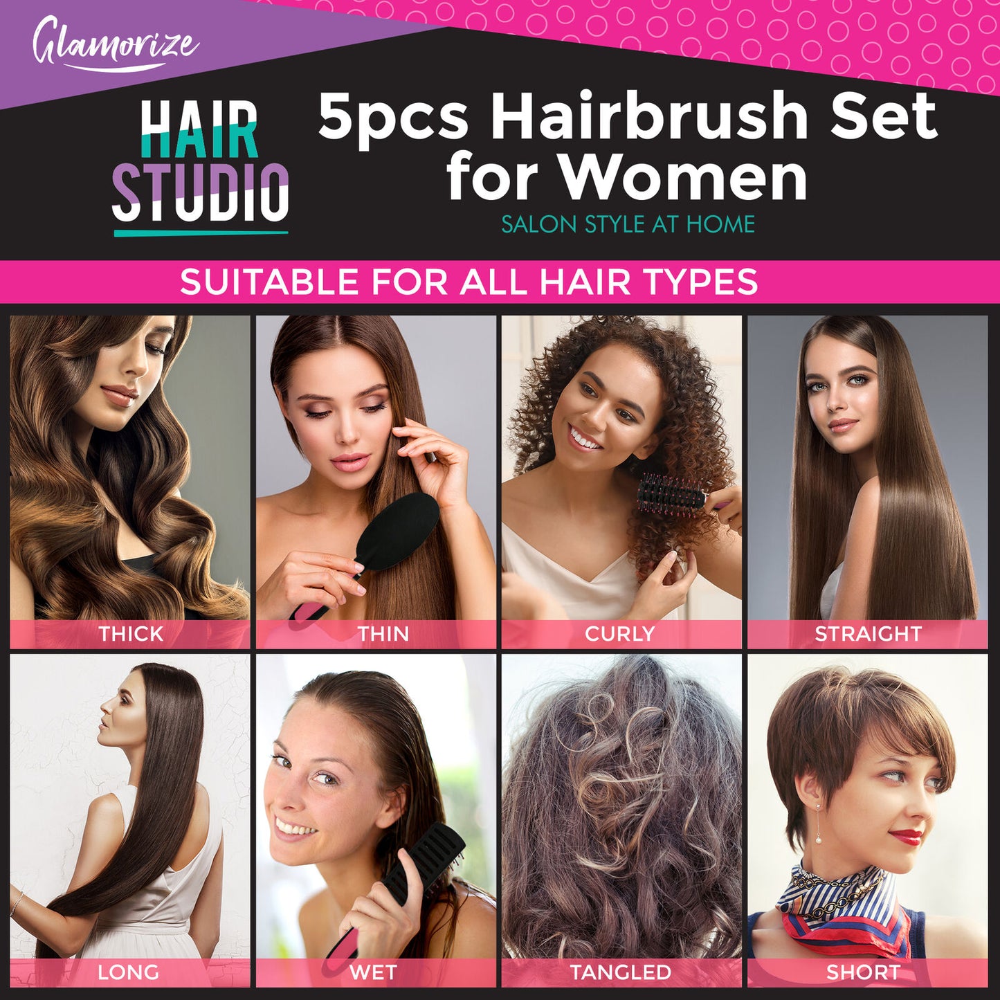 5pk Hair Brush Set for Women | Professional Pink Hairdressing Salon Styling Gift