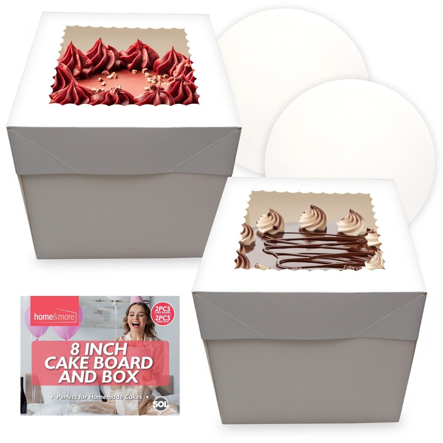 2-10PK 8 Inch Cake Board and Box with Lid Set | White Round 3mm Thick Boards