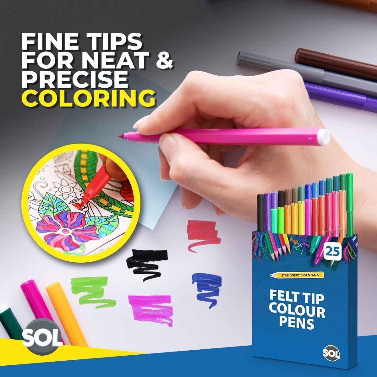 Felt Tip Pens Set | Fine Fibre Drawing Markers | 25 Pack