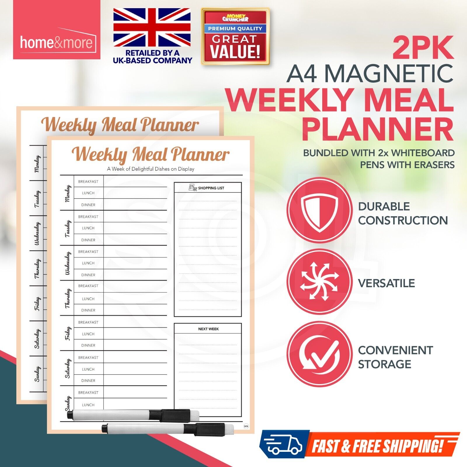 2X Magnetic Weekly Meal Planner and Fridge Food Shopping List With Dry Wipe Pens