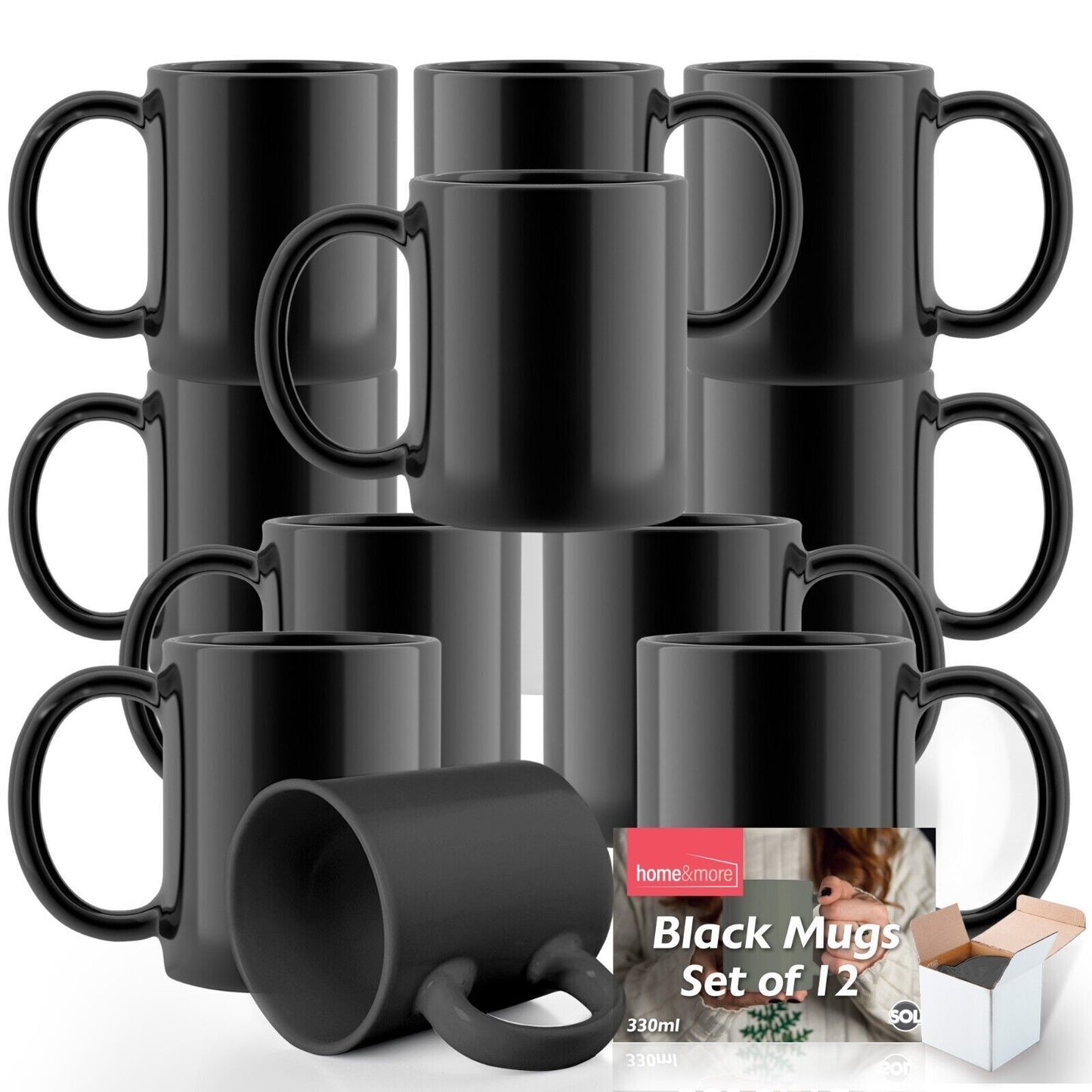Plain Black Mugs 330ml | Large Coffee & Tea Cups | Bulk Set 12 Pack