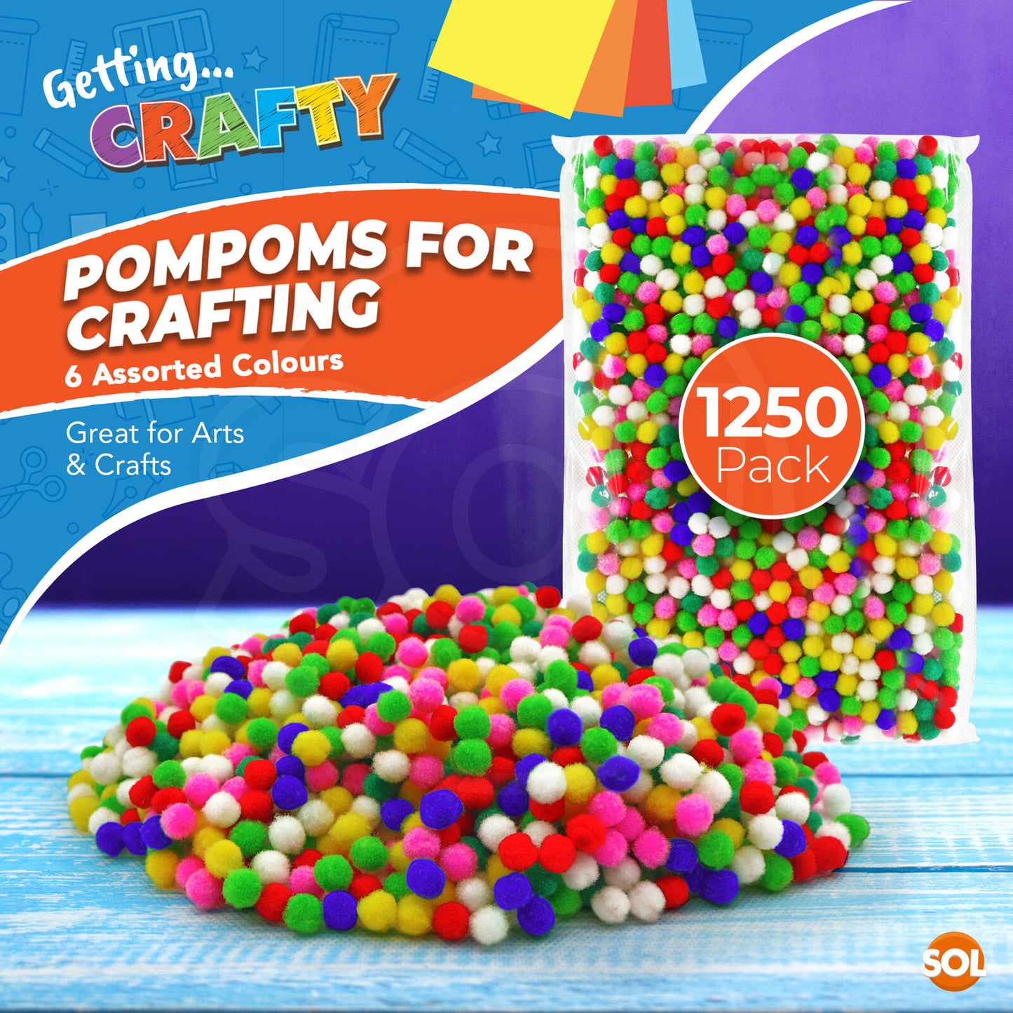 Mini Pom Poms 8mm | Multicoloured Craft Pompoms | 1250 Pack