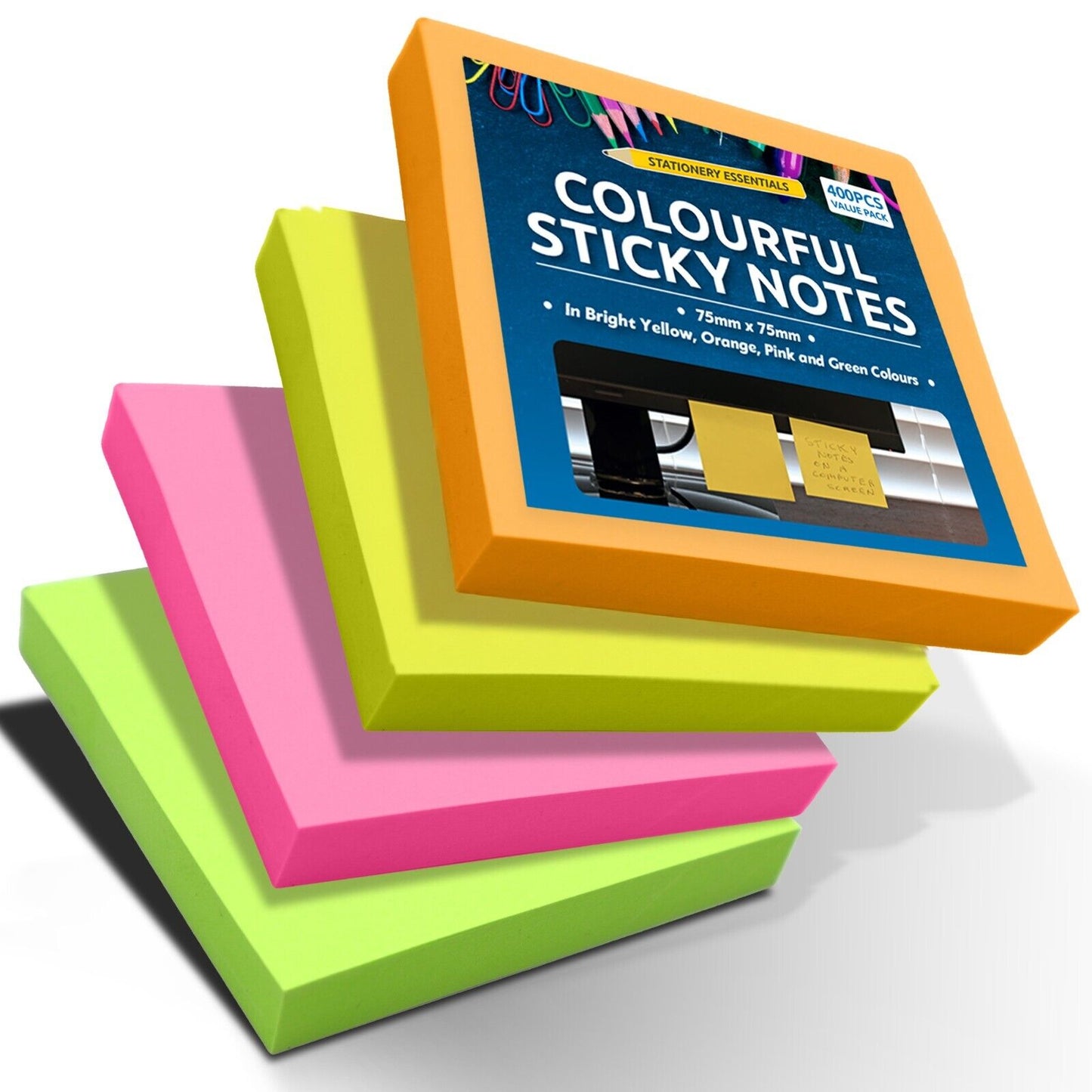Neon Sticky Notes 76x76mm | Super Sticky Pads | 400 Pack