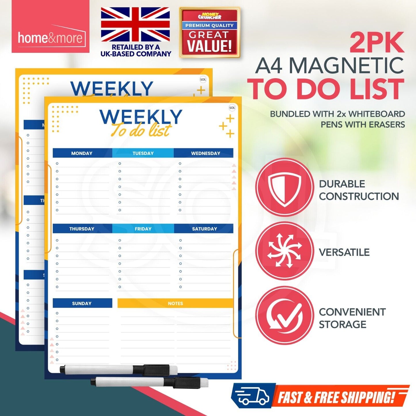 2pk Magnetic Weekly Planner To Do List Whiteboard Fridge A4 Pad + Dry Wipe Pens