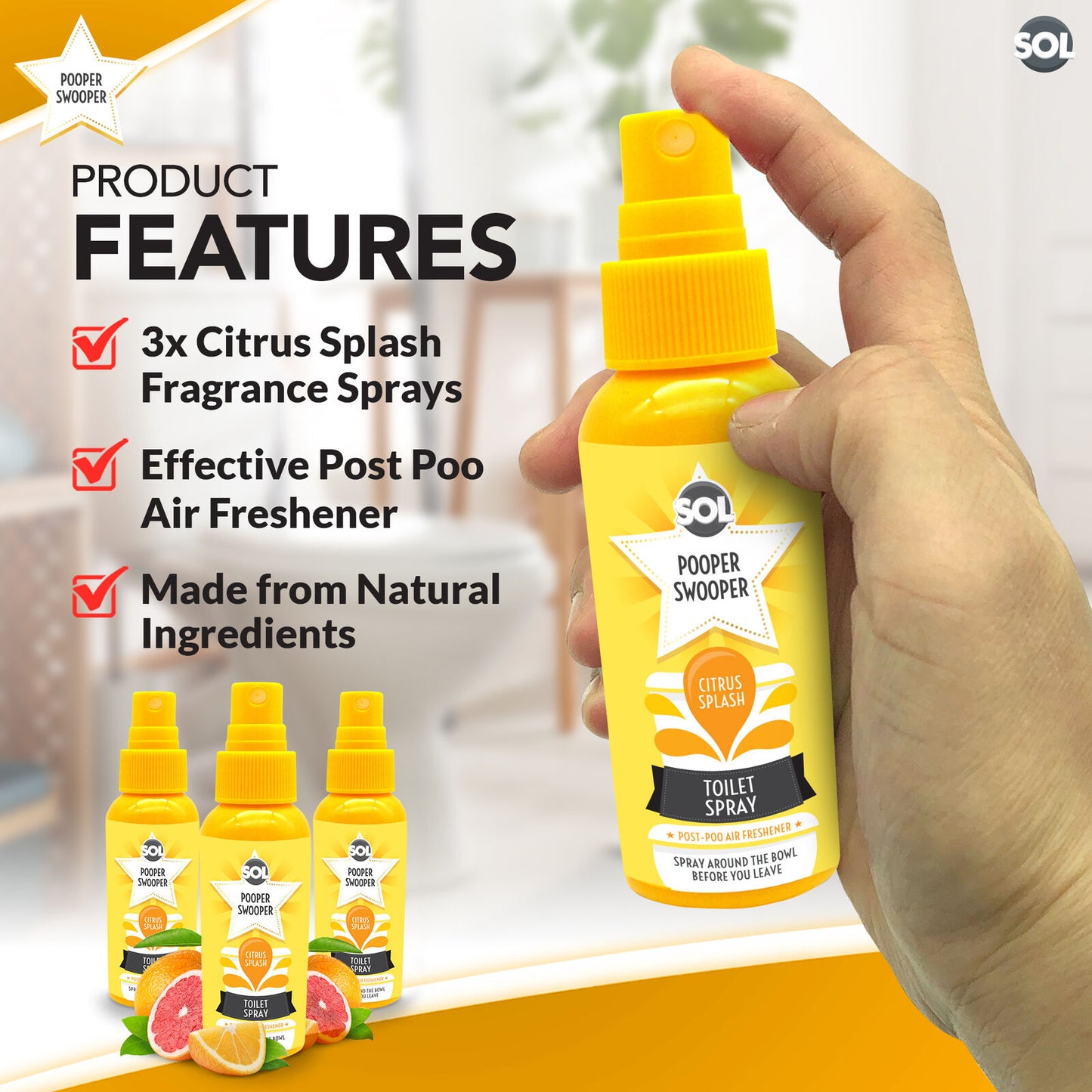 Pooper Star Toilet Spray | Citrus Fragrance Air Freshener | 3 Pack