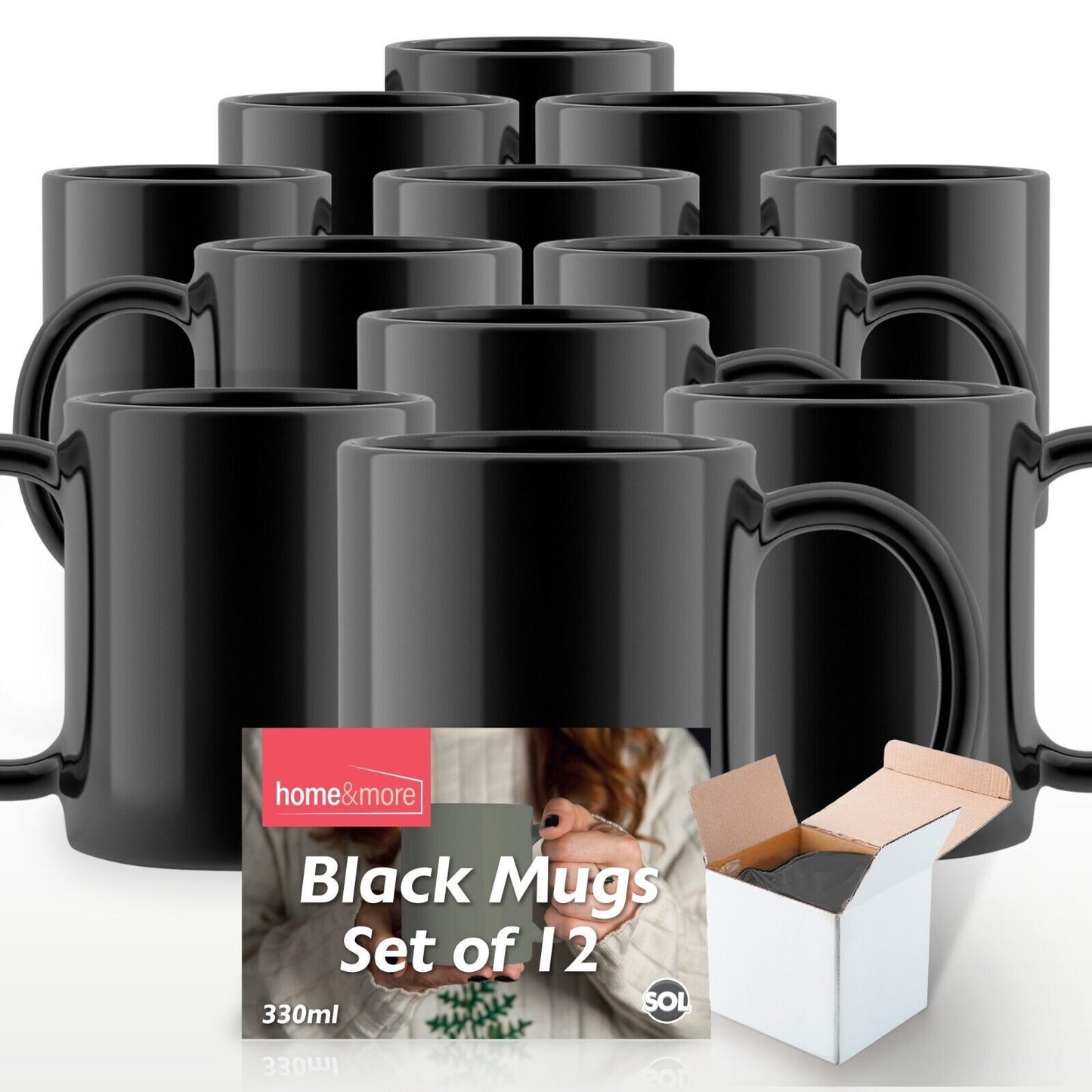 Plain Black Mugs 330ml | Large Coffee & Tea Cups | Bulk Set 12 Pack