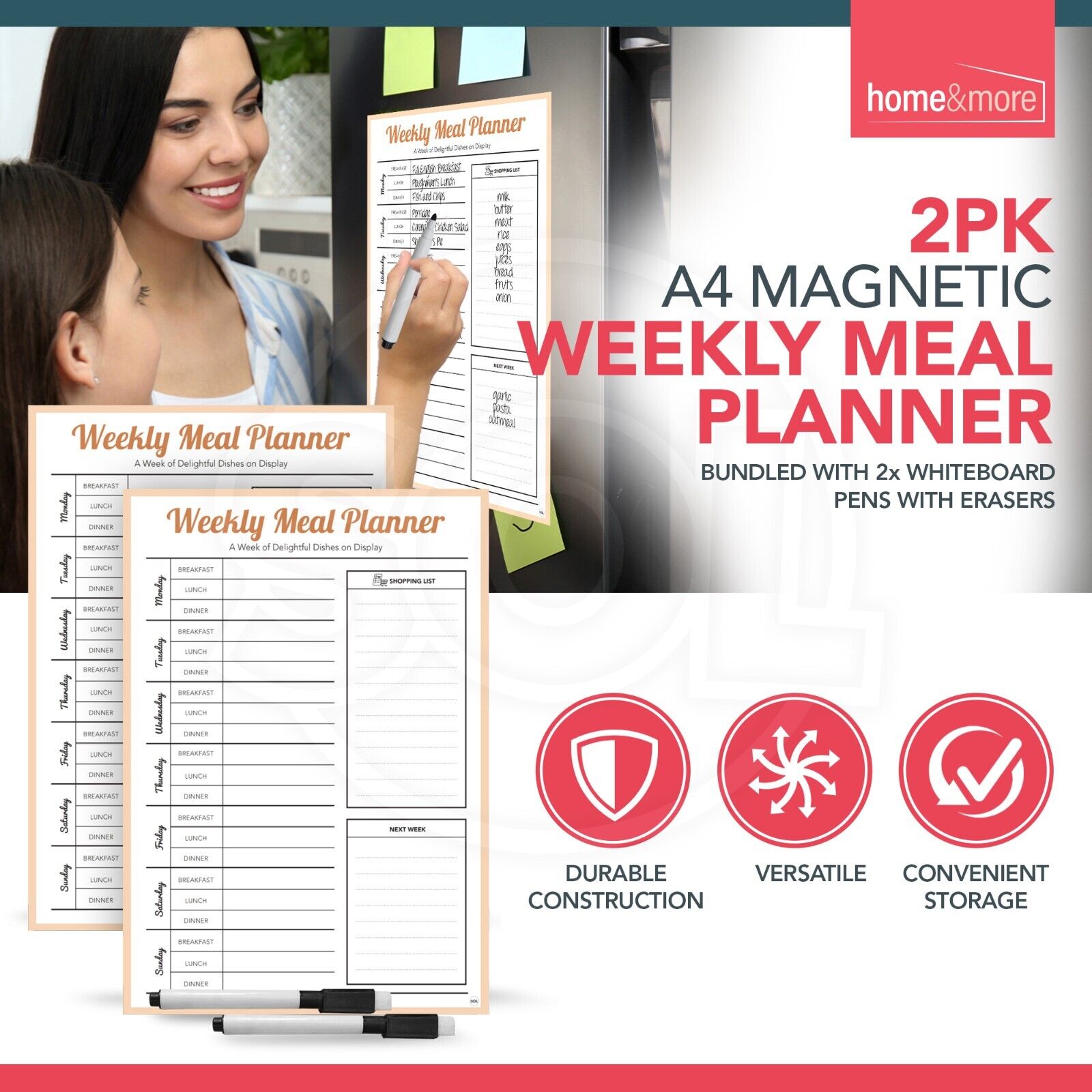 2X Magnetic Weekly Meal Planner and Fridge Food Shopping List With Dry Wipe Pens