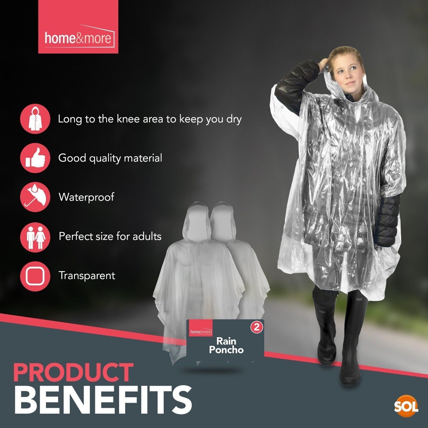Waterproof Rain Poncho | Adult Disposable Emergency Camping Hiking | 2 Pack