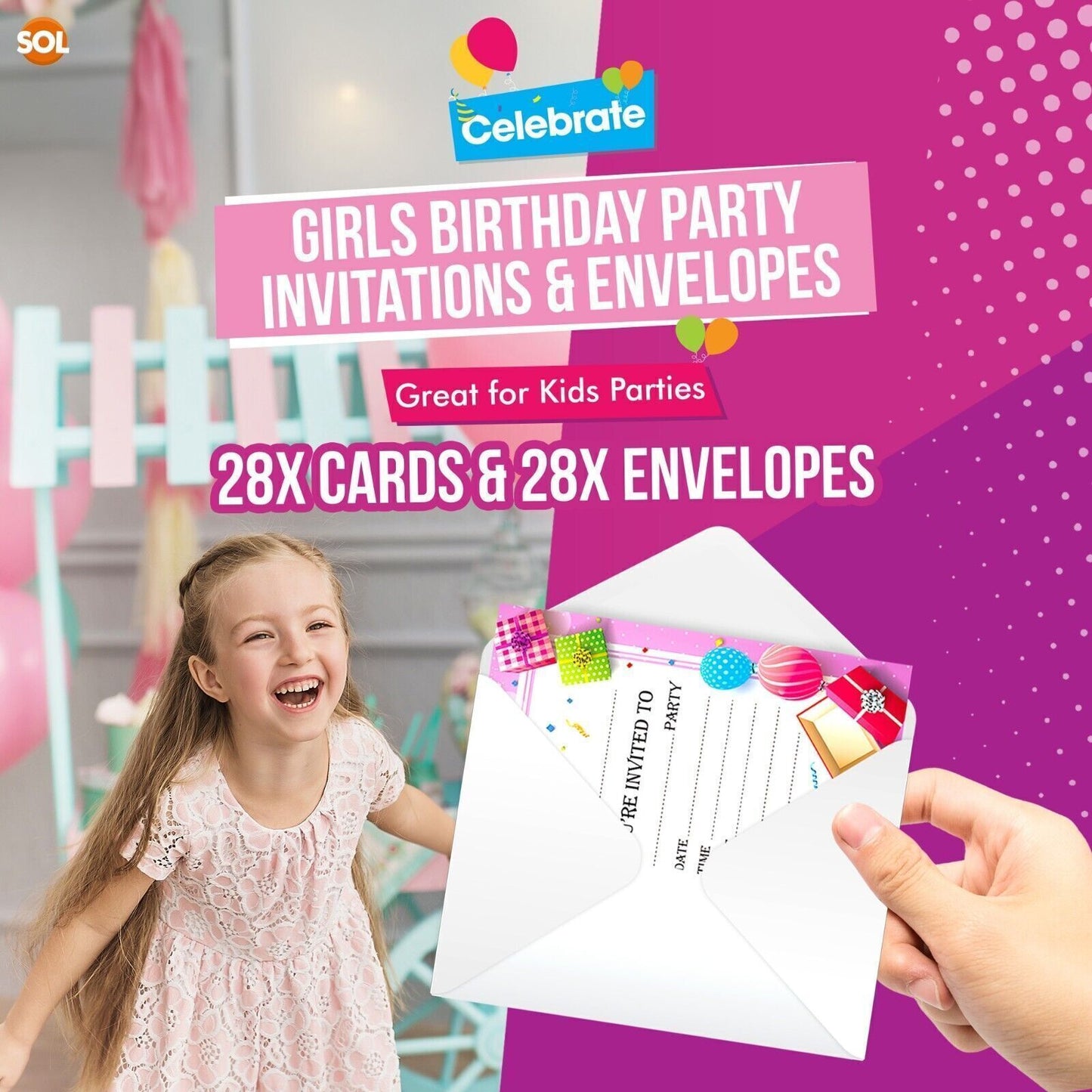 28-56 Birthday Party Invitations Girls Boys Kids Children Invites with Envelopes