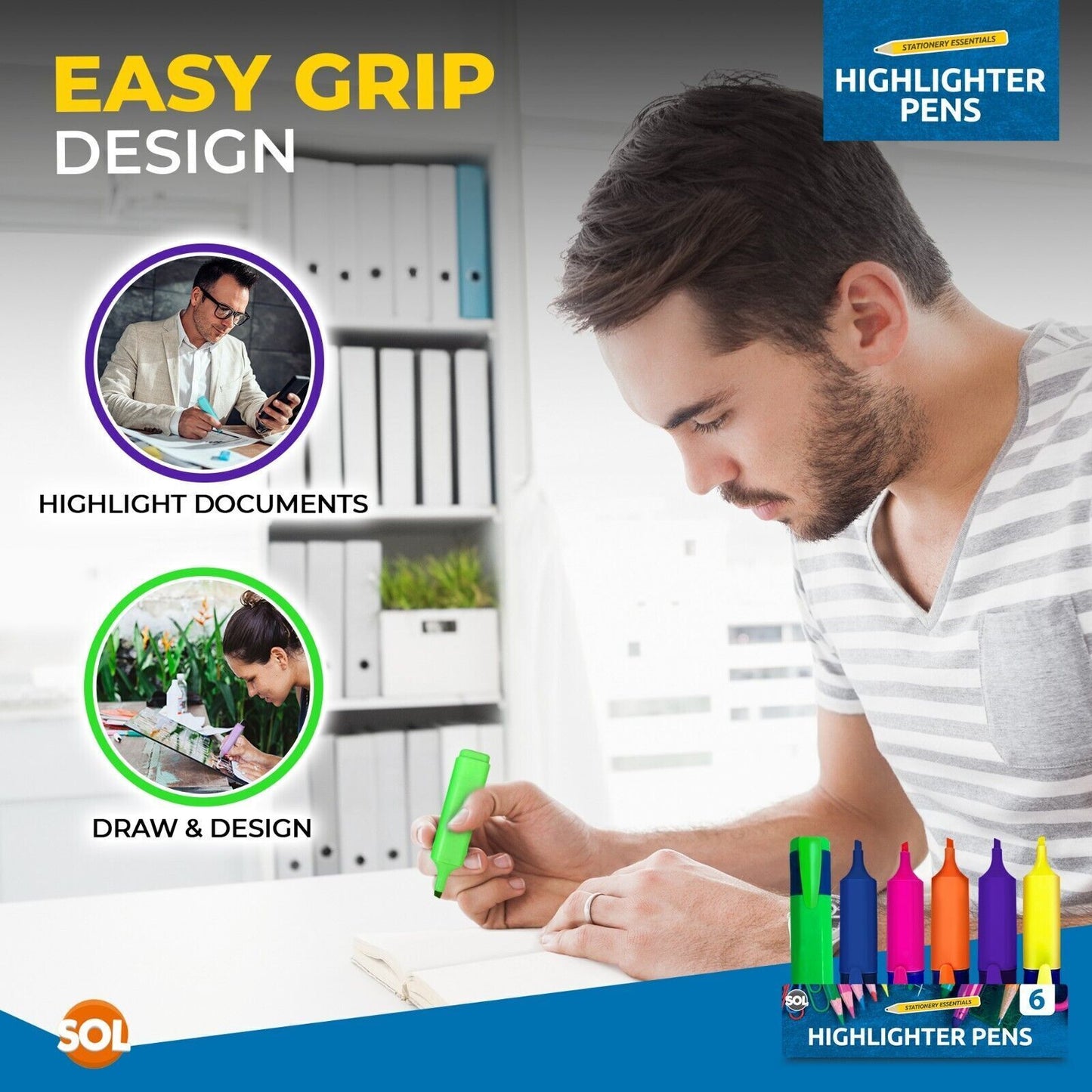 Highlighter Pens Fluorescent Colour Marker School Set | 6 Pack