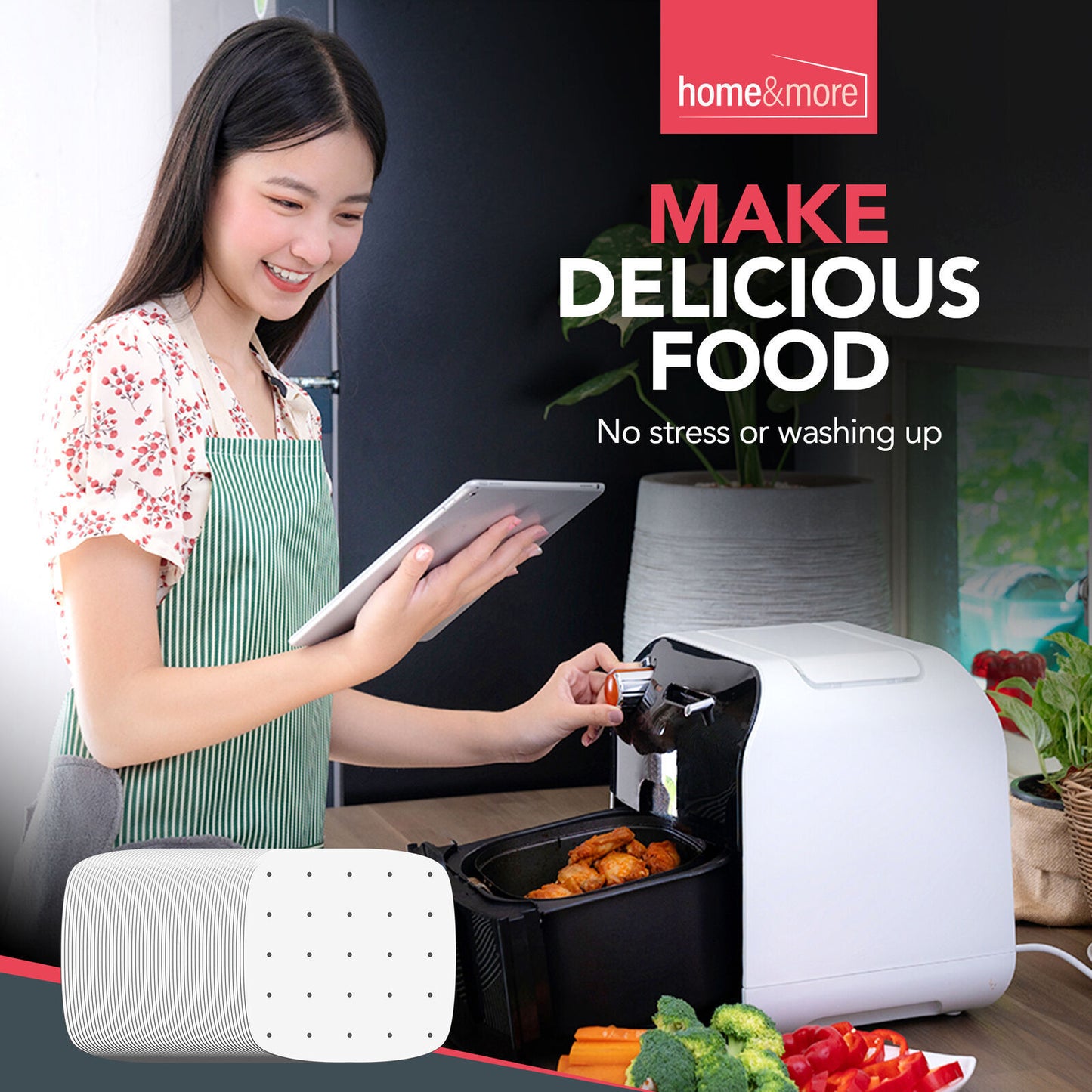 Perforated Air Fryer Liners Disposable Parchment Baking Paper 26cm Square | 100 Pack