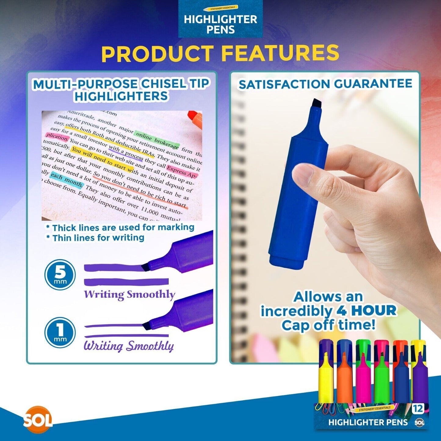 Highlighter Pens Fluorescent Colour Marker School Set | 6 Pack