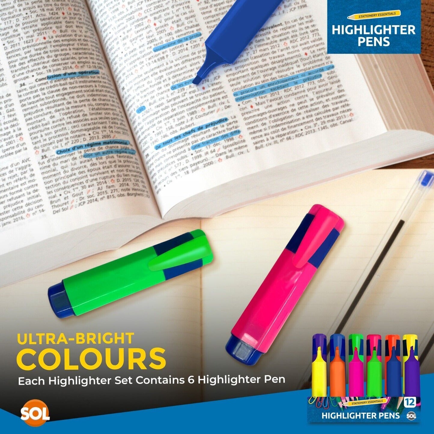 Highlighter Pens Fluorescent Colour Marker School Set | 6 Pack