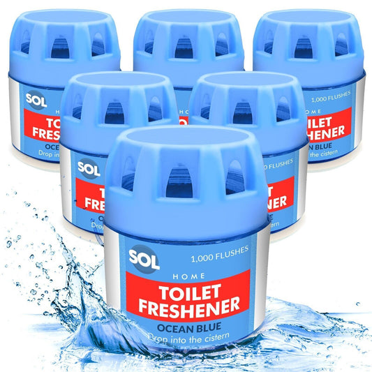 A pack of blue toilet bowl freshener blocks with '1000 Flushes' written on them, indicating the number of flushes they are effective for.