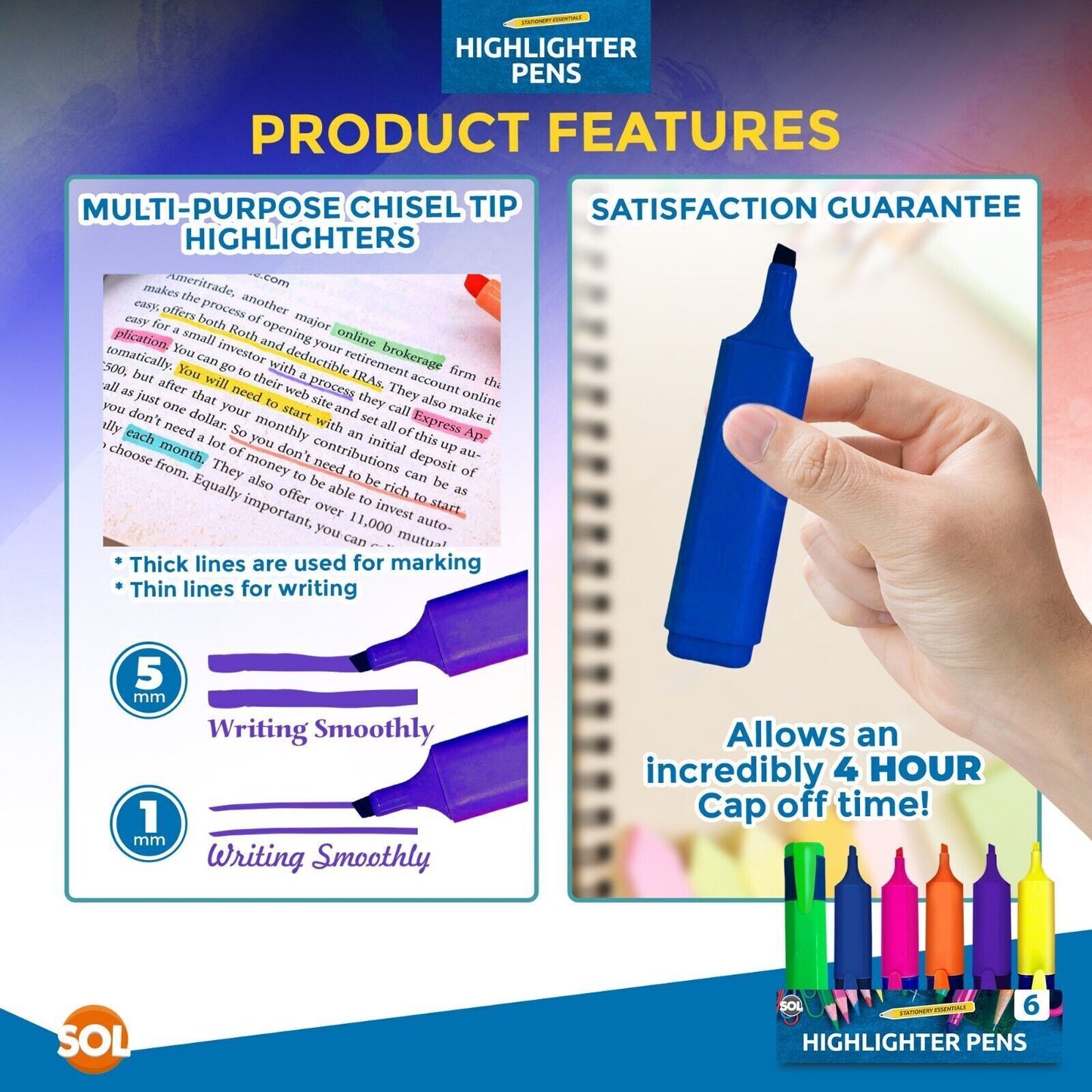 Highlighter Pens Fluorescent Colour Marker School Set | 6 Pack