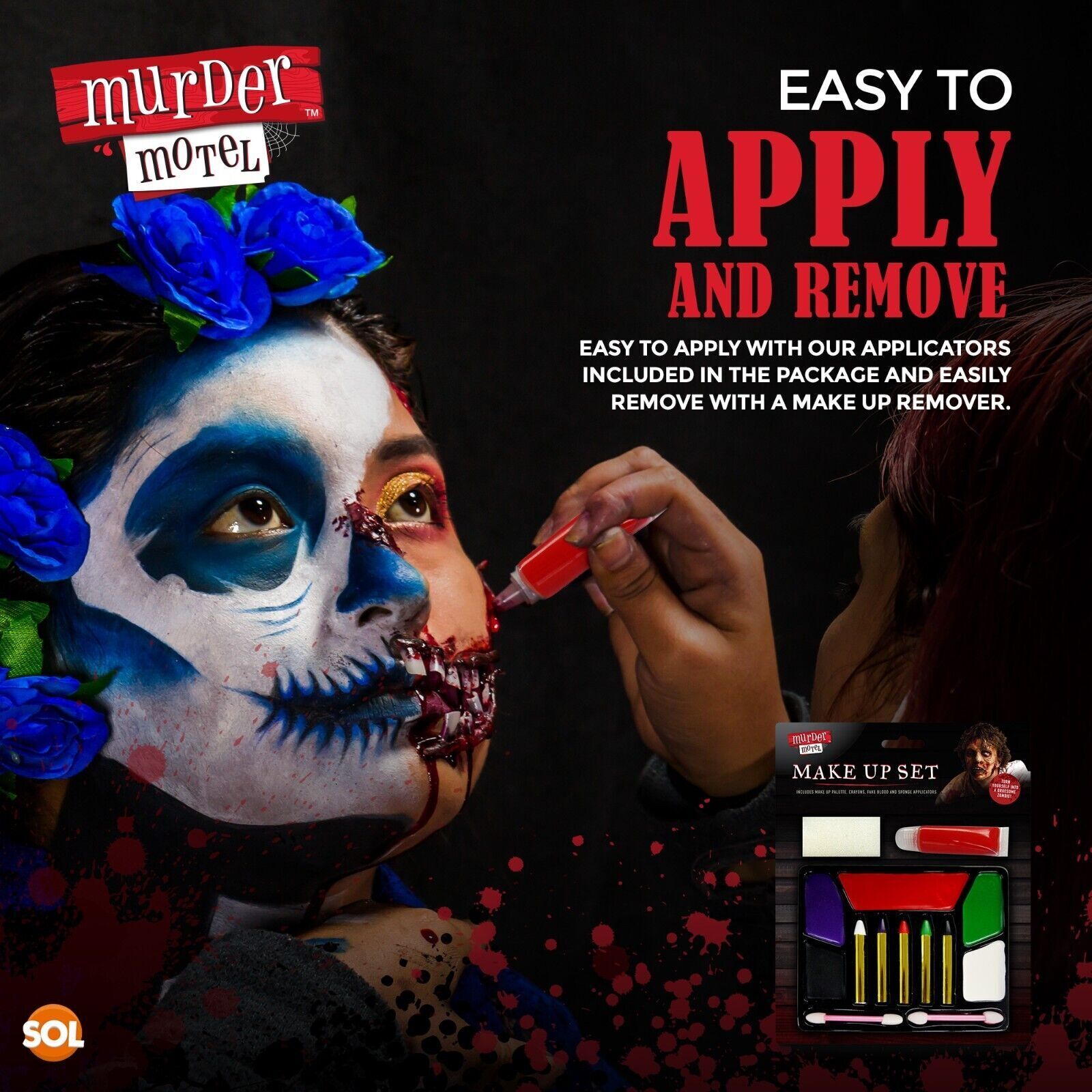 Halloween Zombie Make Up Kit | Horror Face Paint Set | Fake Blood Crayons Sponge