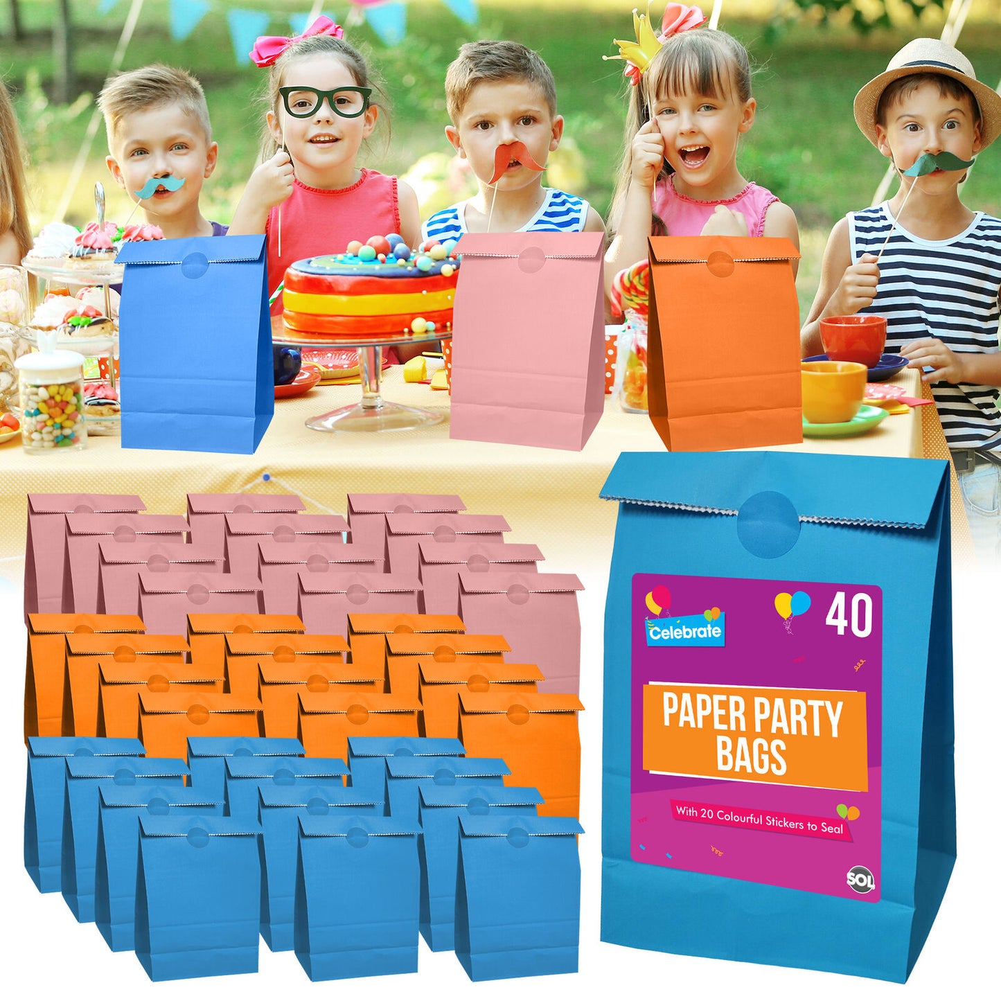 20-40 Paper Party Bags for Kids & Stickers Birthday Gift Loot Sweet Candy Treat