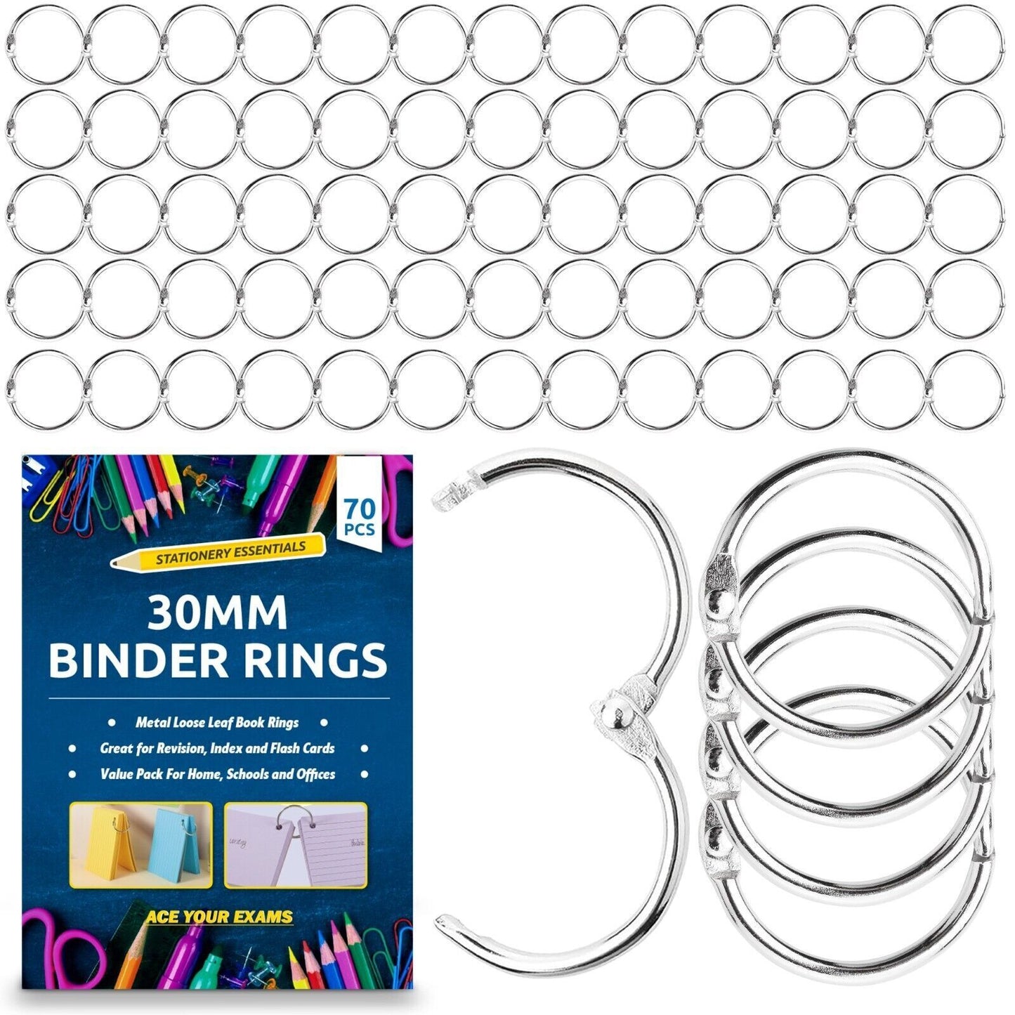 Metal Binder Rings 30mm | Scrapbook Flashcard Key Ring | 70 Pack