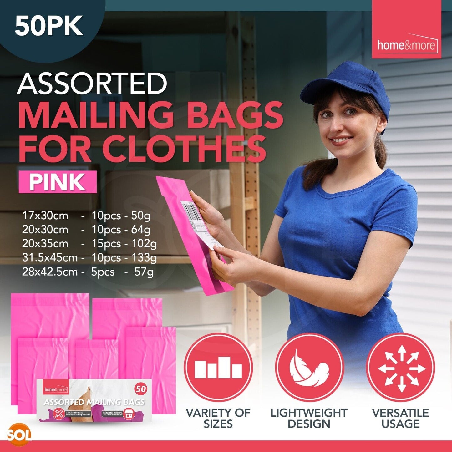 Pink Mailing Bags Mixed Sizes Strong Plastic Postal | 50 Pack