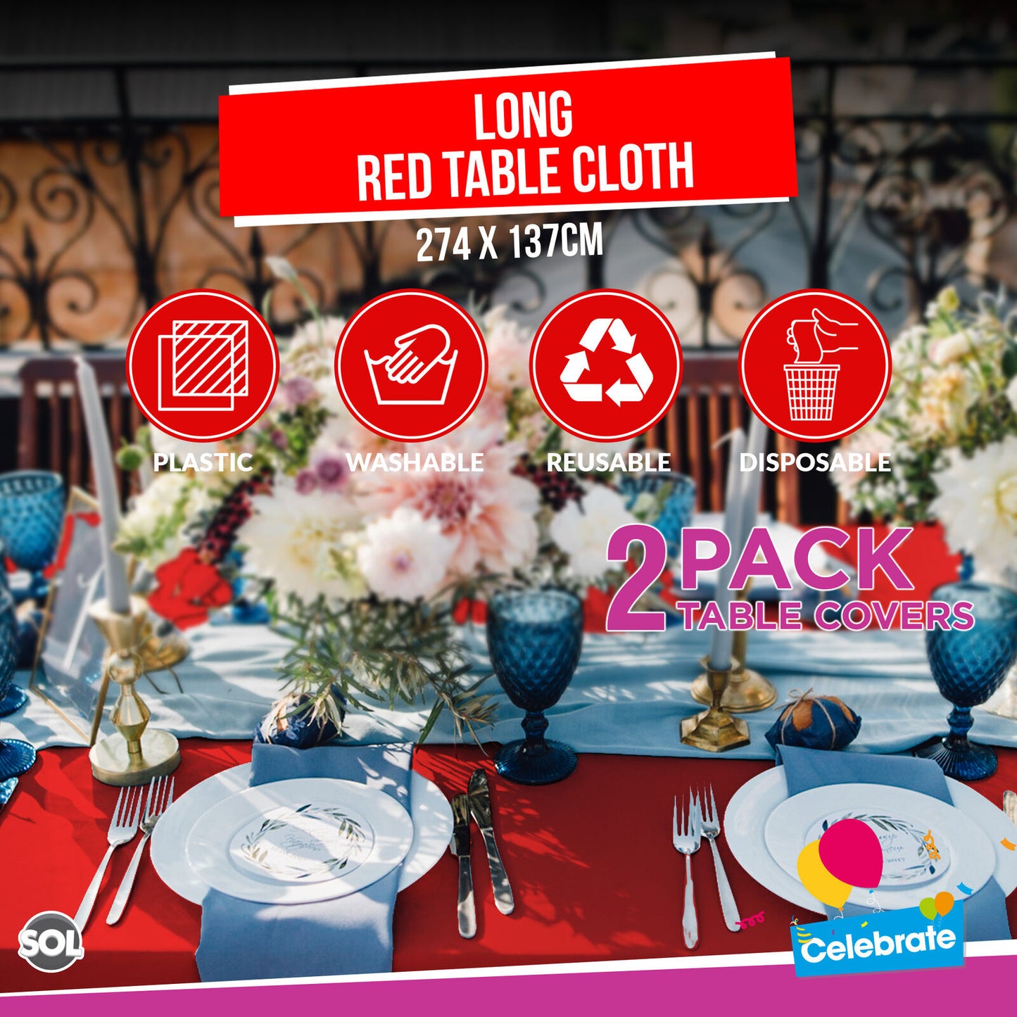 Plastic Table Cloth Covers Rectangular | Party Tableware | 2 Pack