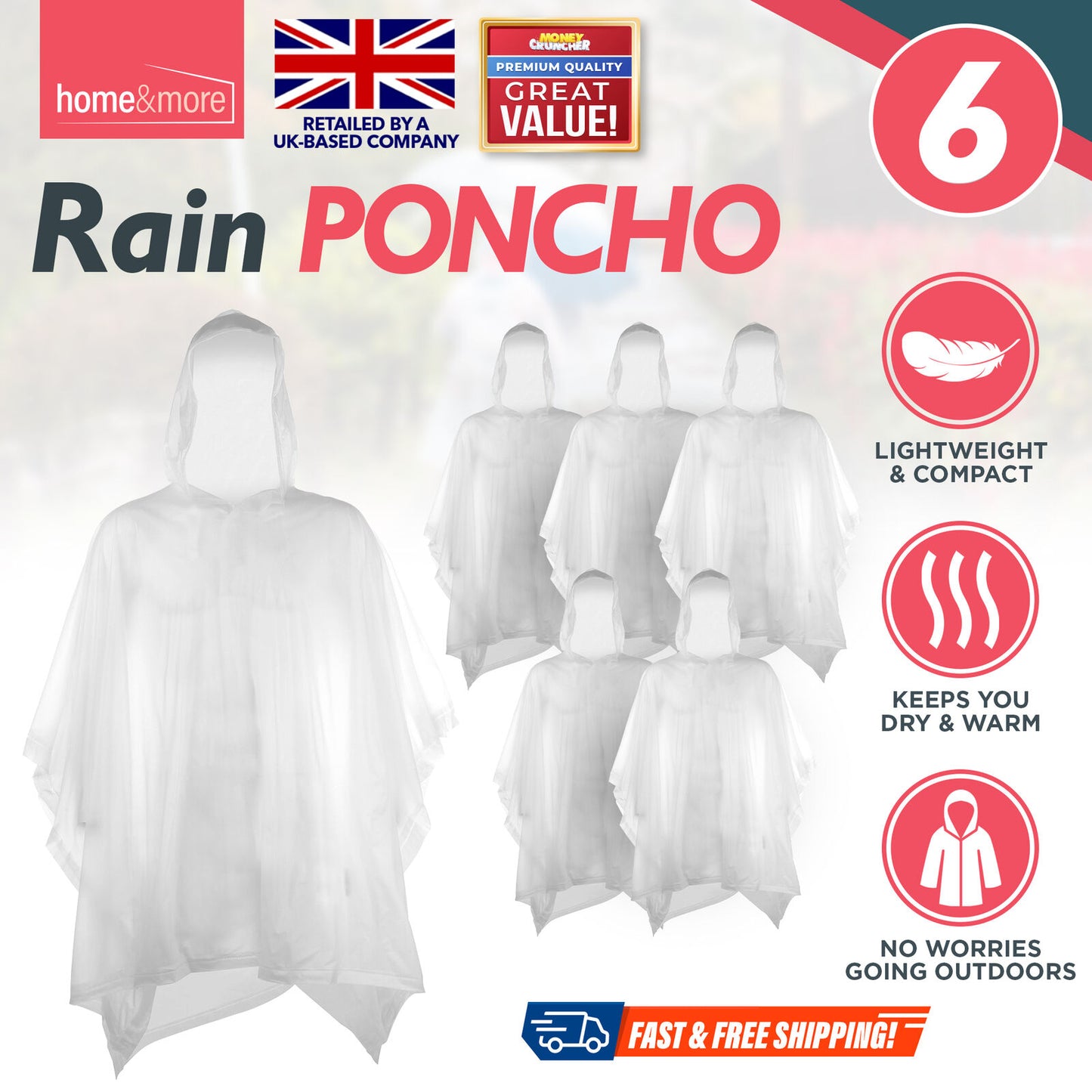 Waterproof Rain Poncho | Adult Disposable Emergency Camping Hiking | 2 Pack
