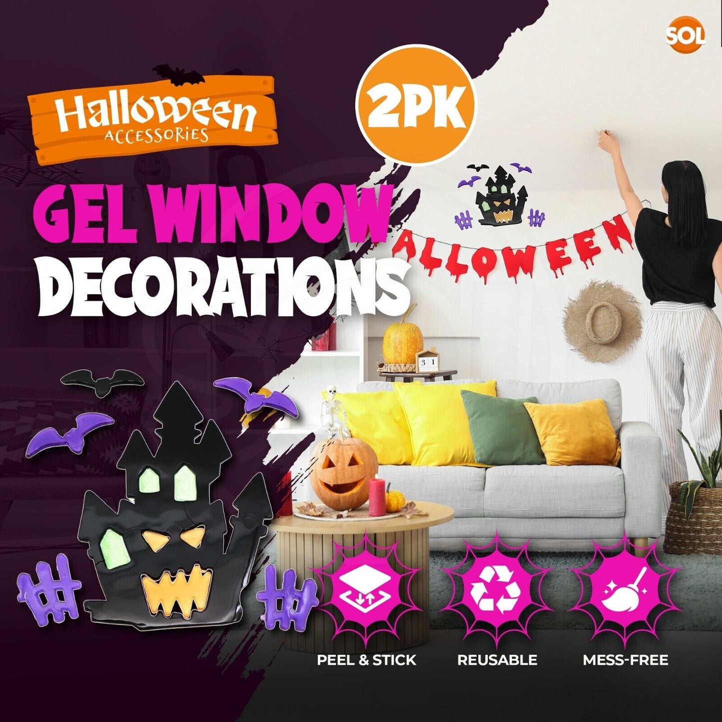 Halloween Window Gel Stickers Skeleton Spooky Scary Gel Clings Glass Decoration