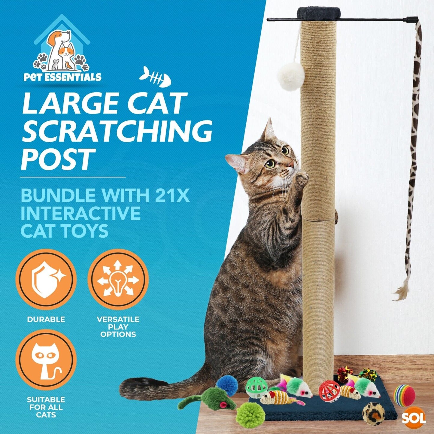 Cat Scratching Post Scratch Sisal Pole 60cm + 21 Kitten Indoor Toys Interactive