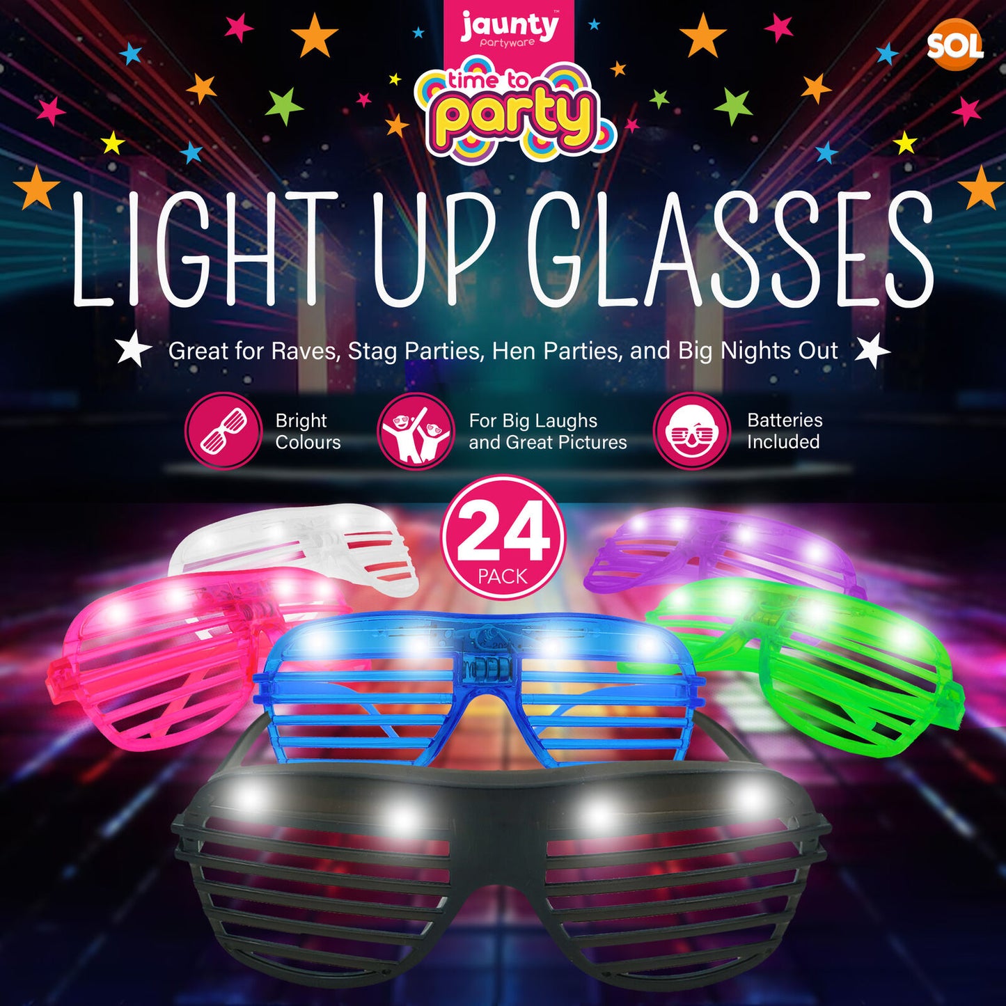 6-24 Flashing Party Glasses | LED Light Up Glow Neon Shutter Shades Disco Rave