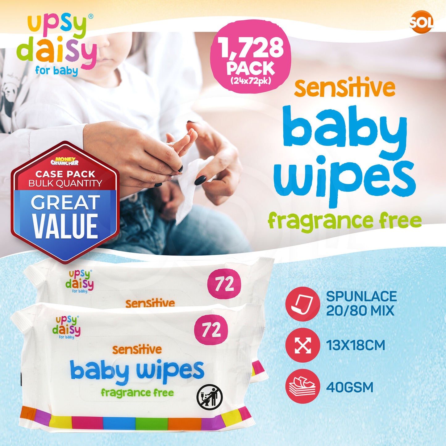 Baby Wipes Case Bulk 24 x 72 Packs (1728 Wipes) | Wet Wipes Multipack Sensitive