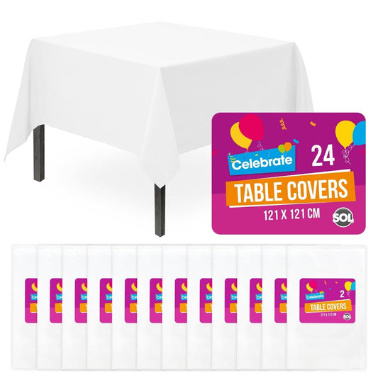 White Plastic Square Table Covers 121x121cm | Disposable Wipe Clean Party Cloth | 12 Pack